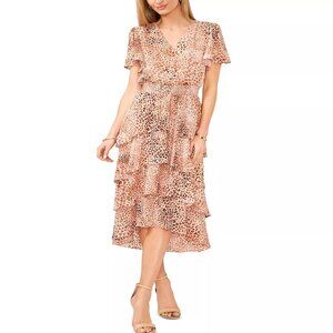 129$ VINCE CAMUTO Animal-Print Flutter Sleeve Tiered Midi Dress Size XS Beige